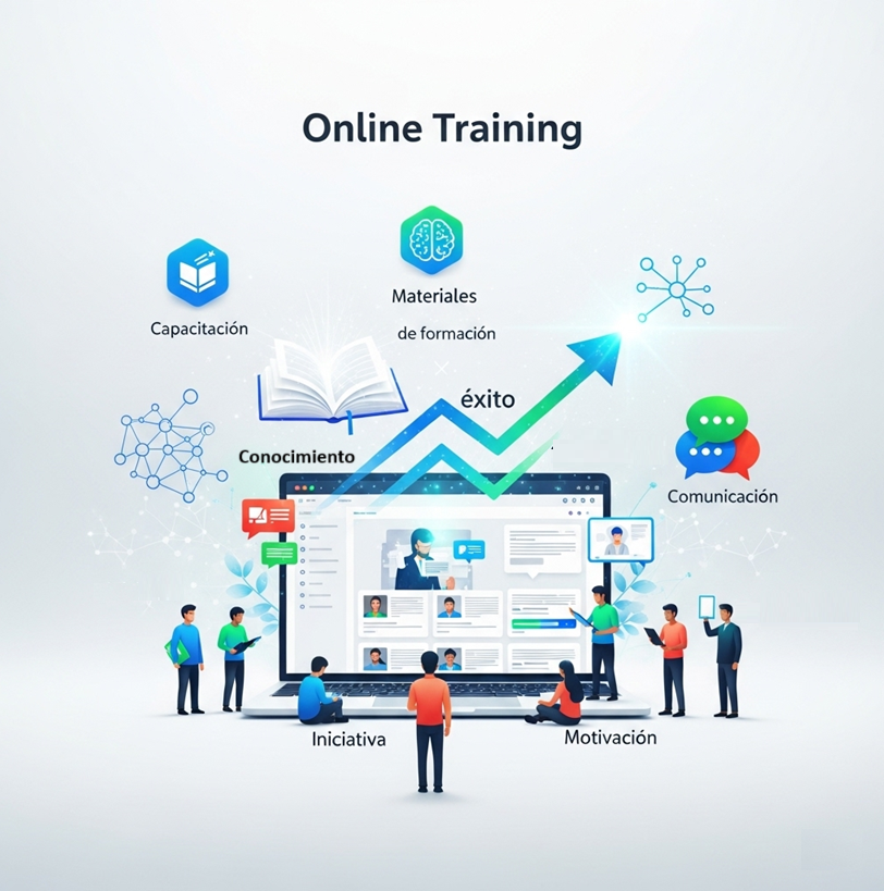 Elementos clave de la formación online: capacitación, materiales, potencial, iniciativa, motivación, éxito, comunicación y conocimiento